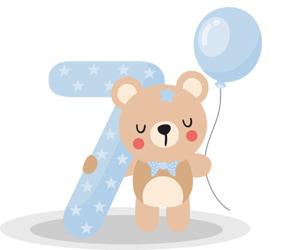 Cute Teddy Bear Holding Number Seven With Blue Star Pattern And Birthday Balloon