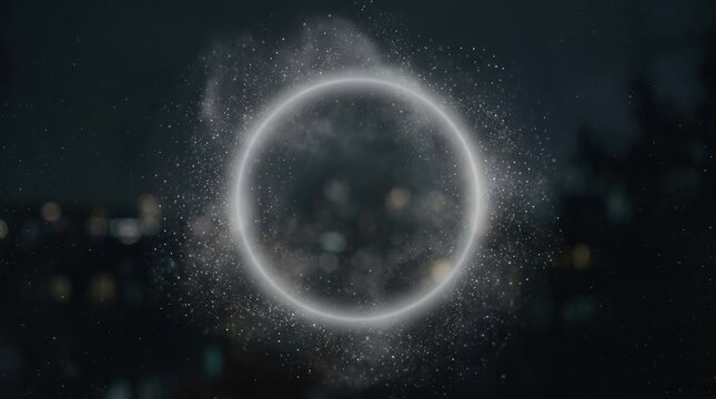 A circular, glowing, ethereal light with a blurred, bokeh effect, surrounded by a dark, starry night sky with a few distant lights, creating a mysterious and ethereal atmosphere.