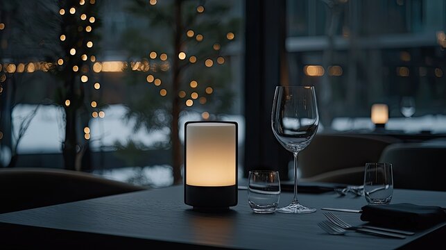 Intimate dining table setting features soft glowing lamp and glassware against a backdrop of festive outdoor lights
