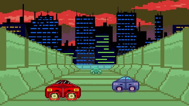 Pixel art style animation of a futuristic car race on a track with buildings, retro game, vintage, pixel, racing.