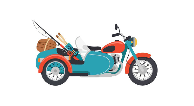 Vintage motorcycle with sidecar and fishing gear