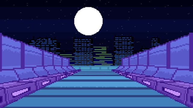 Pixel art style animation of a futuristic car race track, game, vintage, pixel, racing, art.