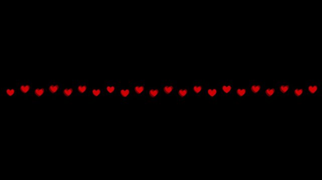 Red heart streams follow separate paths, merge into one line, then divide again on a black background, creating a playful romantic motion effect for promos, intros, overlays, and transitions.