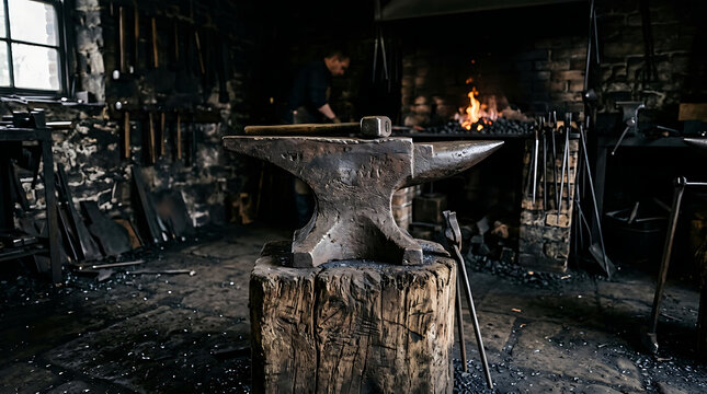 Traditional Blacksmith Workshop with Steel Anvil and Burning Forge