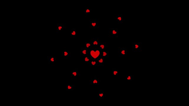 Small red hearts bloom into mirrored flower and mandala-like patterns on a black background, creating a romantic animated effect ideal for Valentine promos, overlays, intros, and greetings.