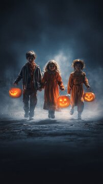 Kids embrace halloween fun with pumpkin-themed candy buckets. Pr