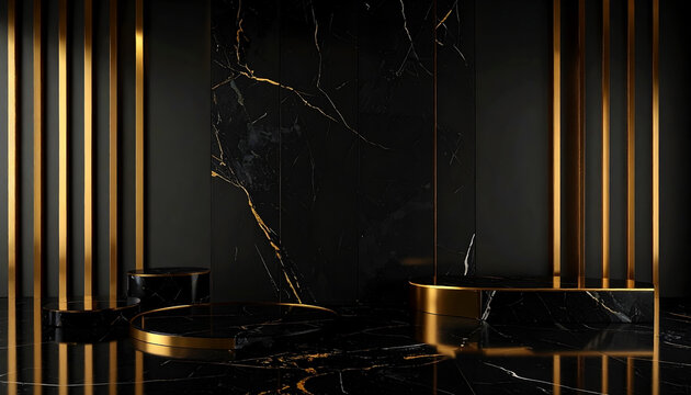 Luxury background featuring polished Nero Marquina black marble surfaces combined