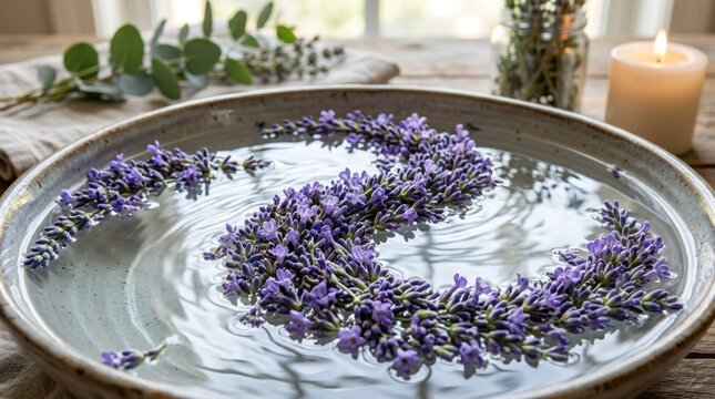 A bowl of lavender flowers floating in water on a wooden table with a candle and eucalyptus leaves in the background.