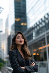 Fototapeta premium attractive young filipino business student in corporate attire, professional filipino woman portrait with city skyscrapers background, confident asian female student pursuing business career 