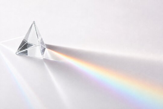 Transparent Glass Prism Refracting Rainbow Light on a White Background
