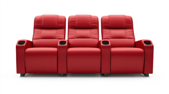 Three red leather cinema seats with cup holders isolated on a clean white background studio shot.