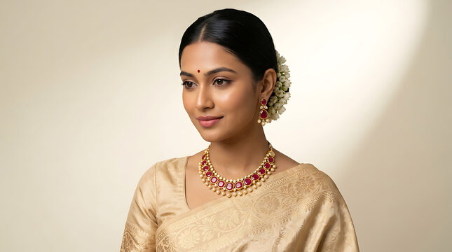 Elegant Traditional Indian woman adorned with intricate jewelry and flowers in hair depicting cultural beauty and grace with