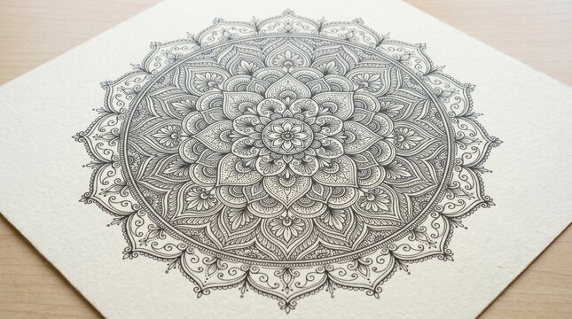 A detailed, intricate black and white mandala design on a white background, featuring a central floral motif with intricate patterns and swirls.