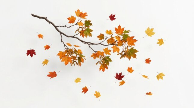 A branch with autumn leaves, some red and yellow, swaying in the wind against a white background.