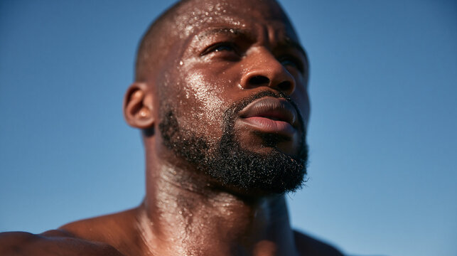 Sweaty Male Athlete Looking Up After Intense Fitness Workout