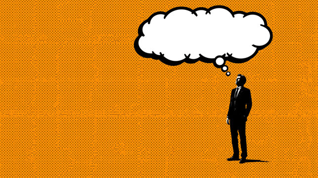 Businessman Looking Up at Blank Thought Bubble Pop Art Illustration