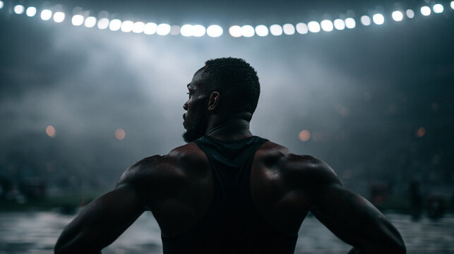 Muscular Athlete Standing Under Stadium Lights Before Competition