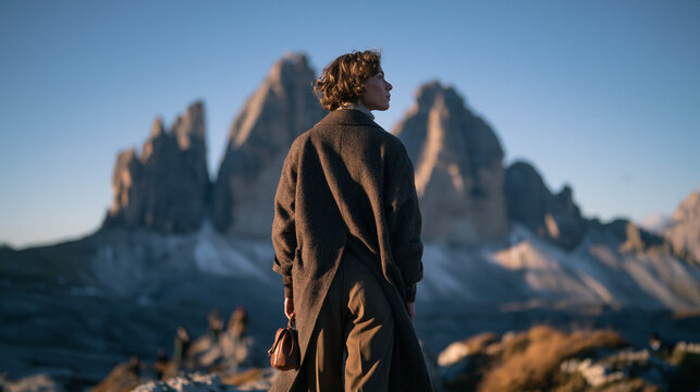 Stylish Woman Standing Before Mountain Peaks at Sunset