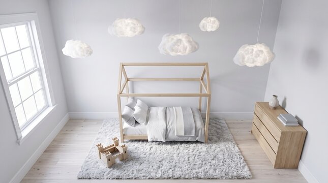 Modern Children Bedroom Interior with Wooden House Frame Bed