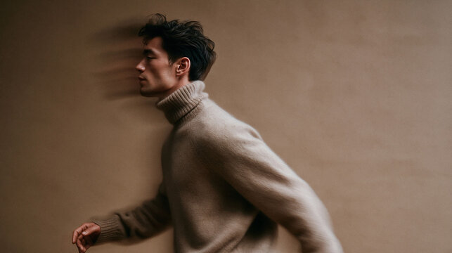 Handsome Man in Knit Turtleneck Walking with Motion Blur