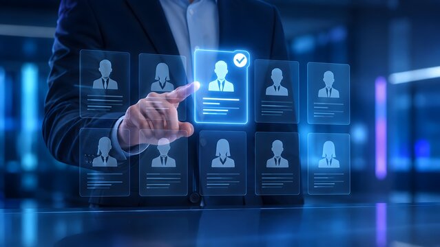 A professional selecting the ideal candidate from a digital talent pool, highlighting modern human resources and recruitment technology.