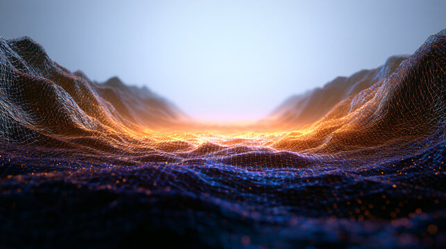 Futuristic Digital Terrain with Glowing Wireframe Data Mesh
