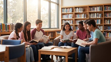 Obraz premium Group of diverse high school students studying together in a library.
