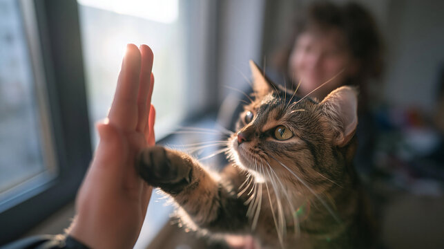Tabby Cat Giving High Five to Human Hand near Window