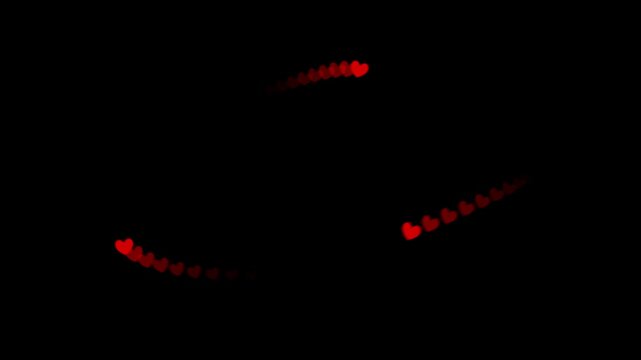 Red hearts glide across a black background with fading echo trails, creating a playful romantic motion effect ideal for Valentine promos, intros, overlays, greetings, and social media visuals.