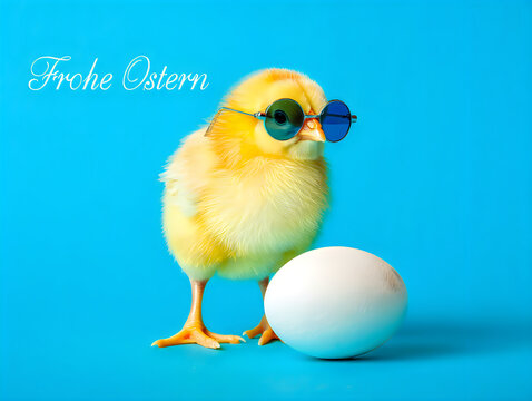 Adorable yellow chick wearing sunglasses next to a white egg with German text Frohe Ostern