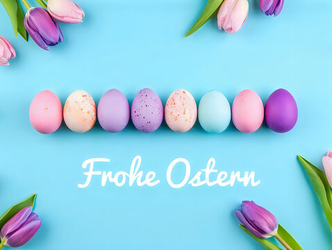 Colorful Easter eggs and tulips arranged on a bright blue background with text that says Frohe Ostern