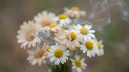Obraz premium White daisy flowers with soft mystical smoke effect.
