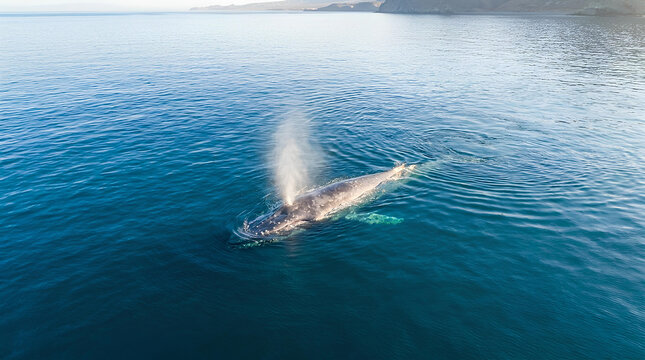 Whale spouting water in blue open ocean from above.