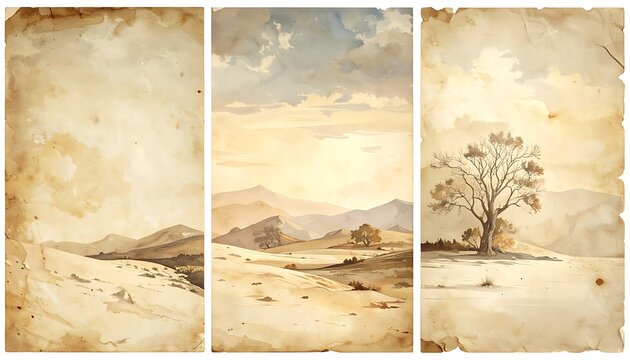 Vintage triptych landscape paintings with pixelated trees and mountains, textured old paper background, evoking rustic nostalgia
