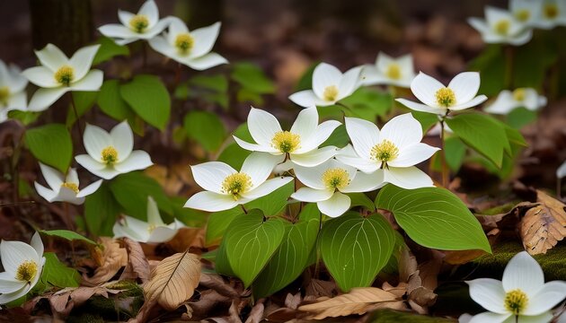 bunchberry flowering cornus canadensis on forest floor cornus white leaf litter