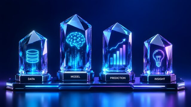 Futuristic concept illustrating the essential stages of data science and artificial intelligence, processing raw information into predictive models and valuable insights.