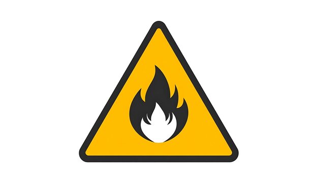 Warning sign for fire hazard, triangle with yellow background and flame symbol inside, safety alert icon