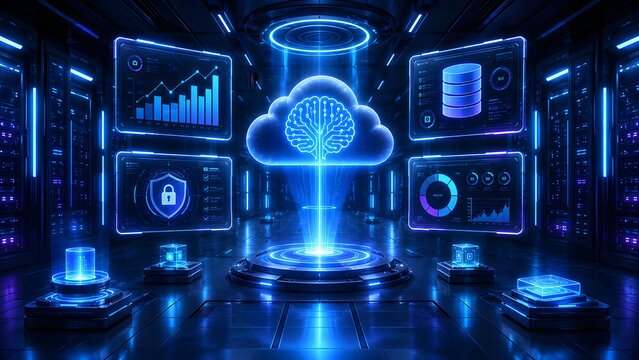 Immersive holographic display of artificial intelligence and cloud computing with advanced data analytics dashboards in a futuristic, secure server room environment.
