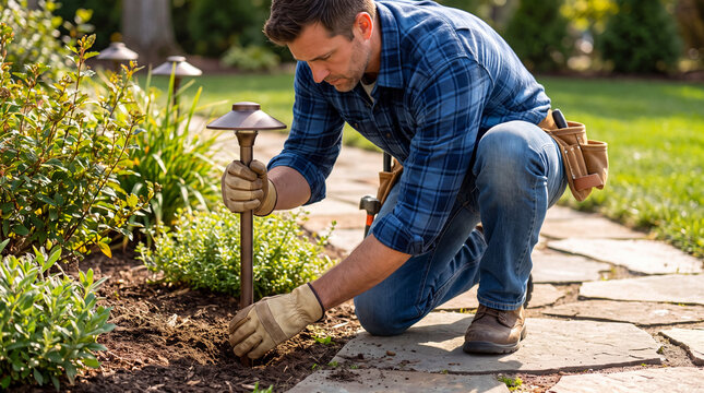 Man installing garden lights while kneeling in backyard landscape  
