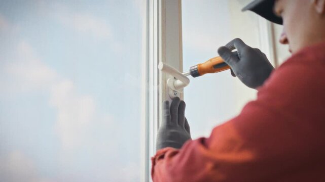 A technician in work uniform carefully detaches a handle from a plastic window frame using an orange screwdriver during a home repair visit. Concept of professional window handle replacement service