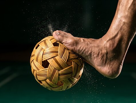 Extreme high-speed macro shot of a bare foot striking a woven rattan sepak takraw ball at the exact moment of impact. The rattan lattice visibly compressing and deforming under the instep