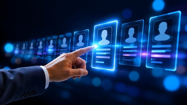 Professional hand interacting with a futuristic digital interface, carefully selecting the most suitable candidate from a diverse pool of talent profiles.