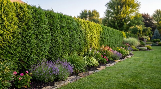 Lush arborvitae hedge bordering vibrant flower garden in sunlight  