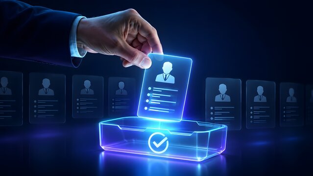Professional hand selecting the best candidate by placing a glowing digital profile into a futuristic selection box, symbolizing modern HR and recruitment.