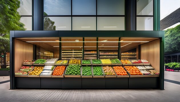 modern grocery storefront features vibrant fresh produce displayed against sleek glass architecture