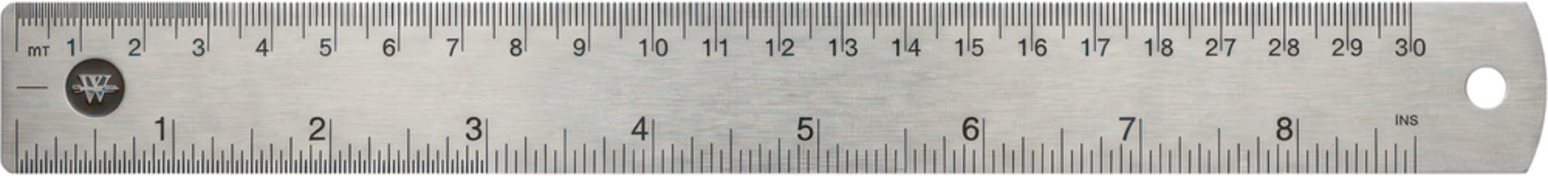 Metal ruler showing metric scale in centimeters and millimeters.
