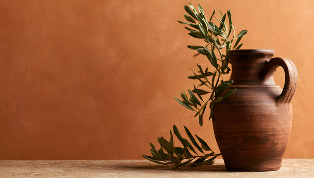 On an ocher background, a traditional olive oil container features a fresh olive branch
