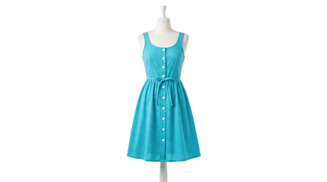 Teal sleeveless button down a-line dress on mannequin