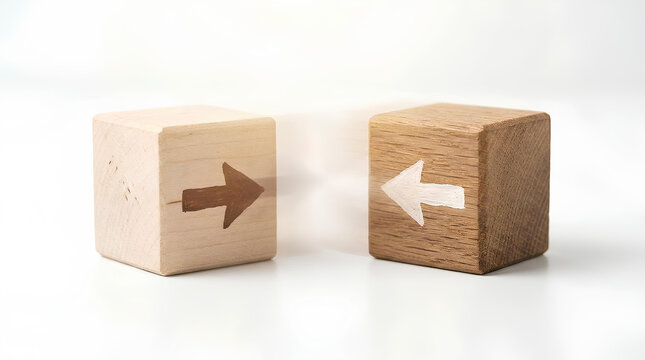 Two wooden blocks with arrows pointing toward each other.