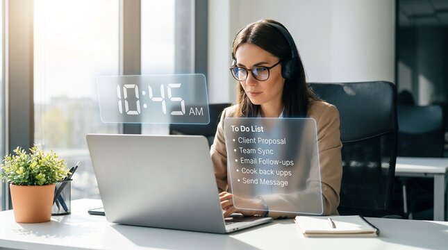 Professional woman working on laptop with holographic digital interface showing time and todo list in modern office